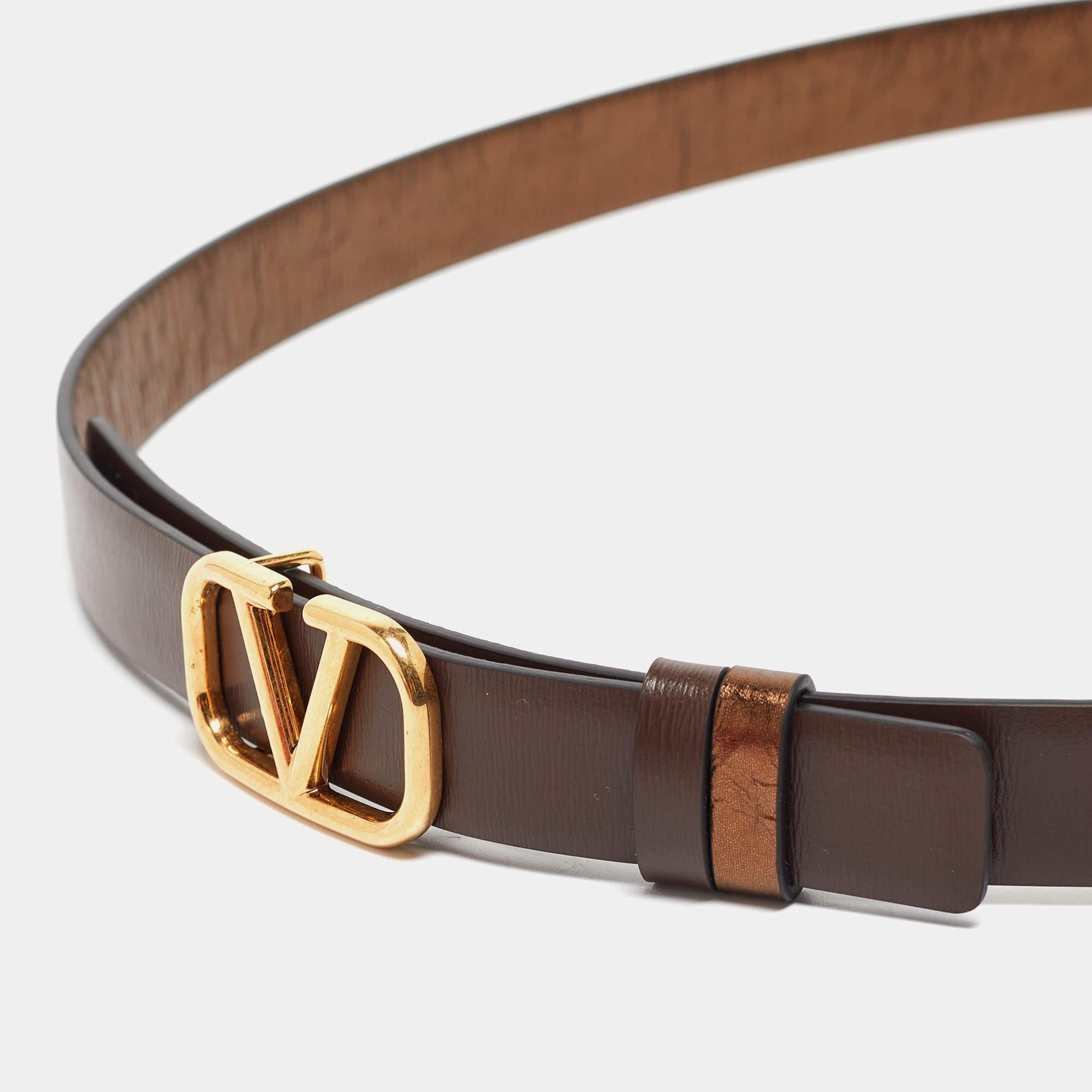 Valentino Metallic/Brown Leather Reversible Narrow V Logo Belt 85CM 2