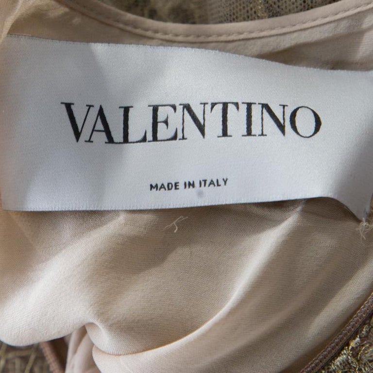 Valentino Metallic Gold Floral Lace Studded Leather Collar Detail Gown ...