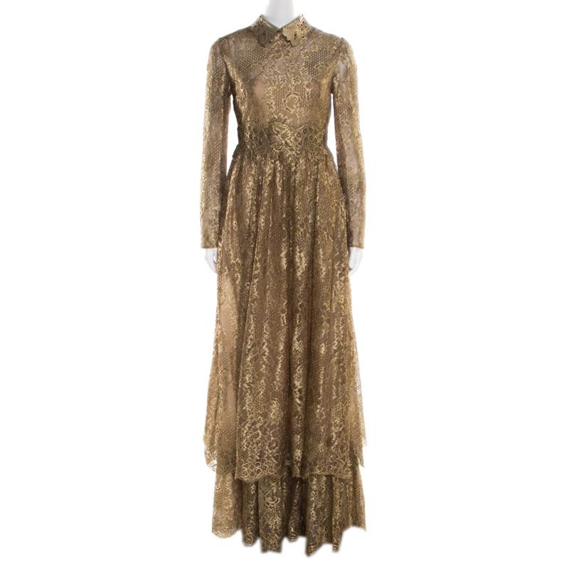 Valentino Metallic Gold Floral Lace Studded Leather Collar Detail Gown M