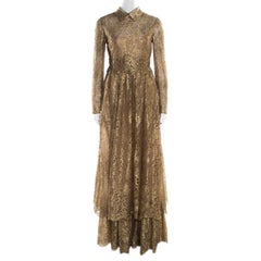 Valentino Metallic Gold Floral Lace Studded Leather Collar Detail Gown M