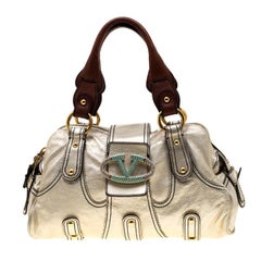 Valentino Metallic Gold Leather Crystal Catch Satchel