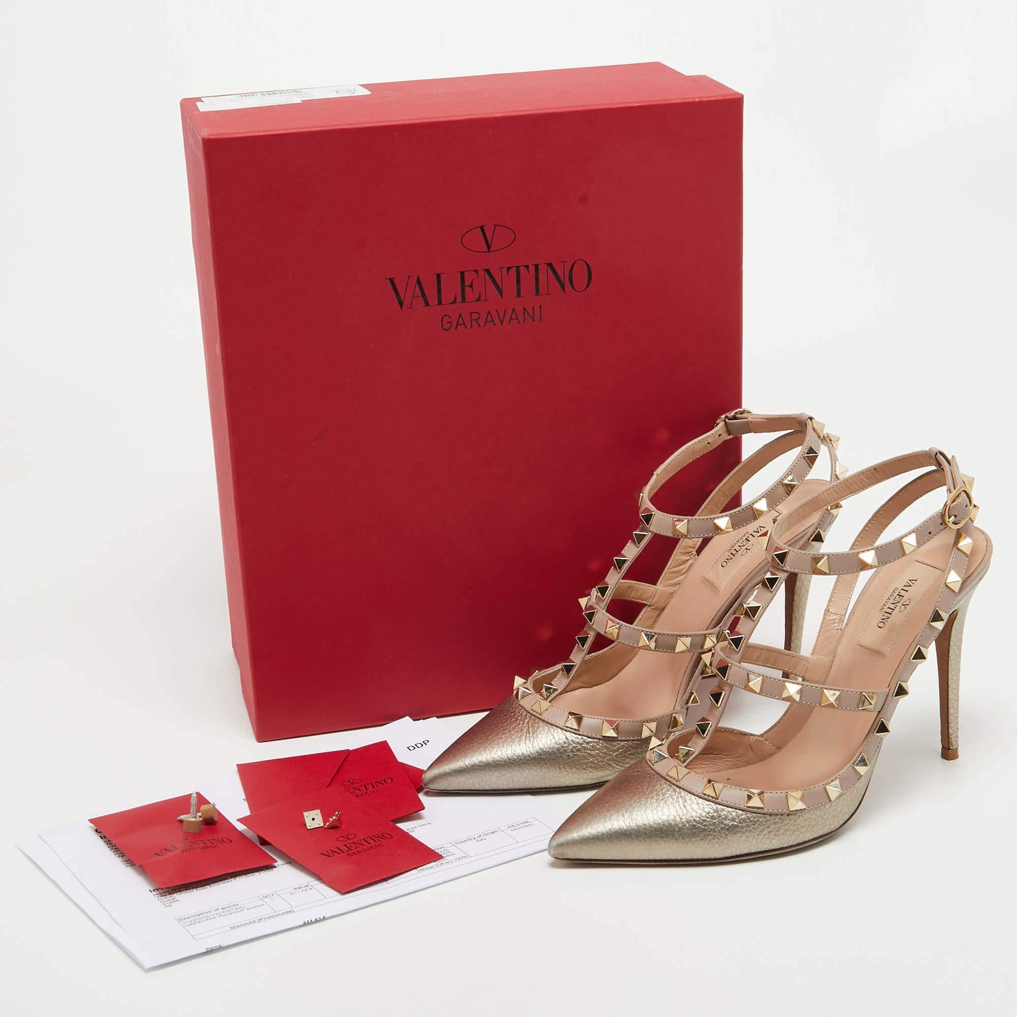 Valentino Metallic Gold Leather Rockstud Ankle Strap Pumps Size 39 5