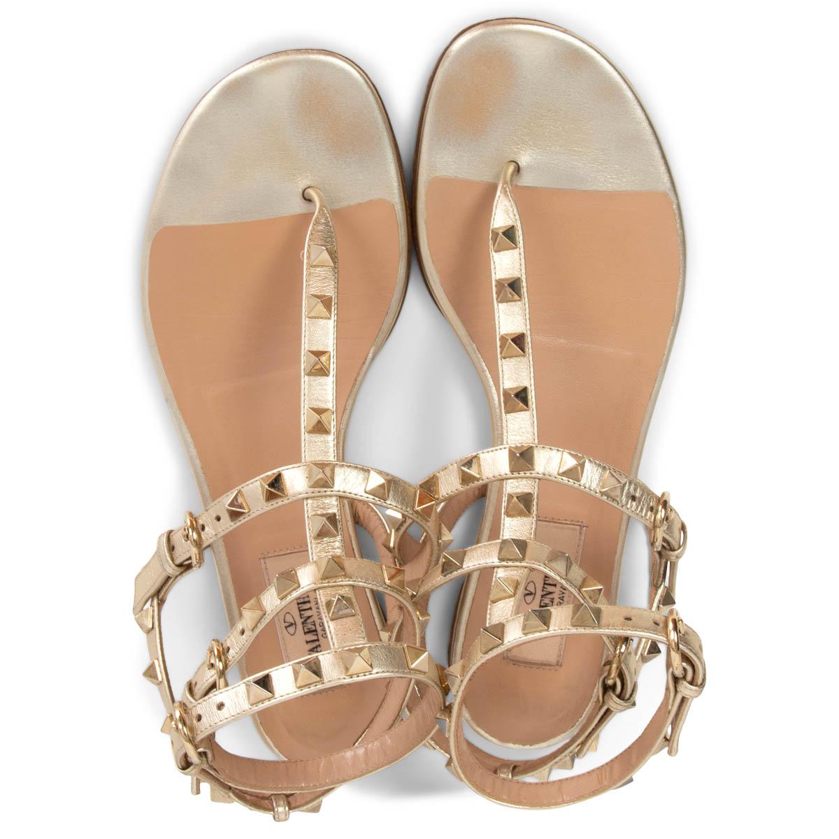 Women's VALENTINO metallic gold leather ROCKSTUD Flat Sandals Shoes 37