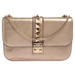 Valentino Metallic Gold Leather Rockstud Medium Glam Lock Flap Bag