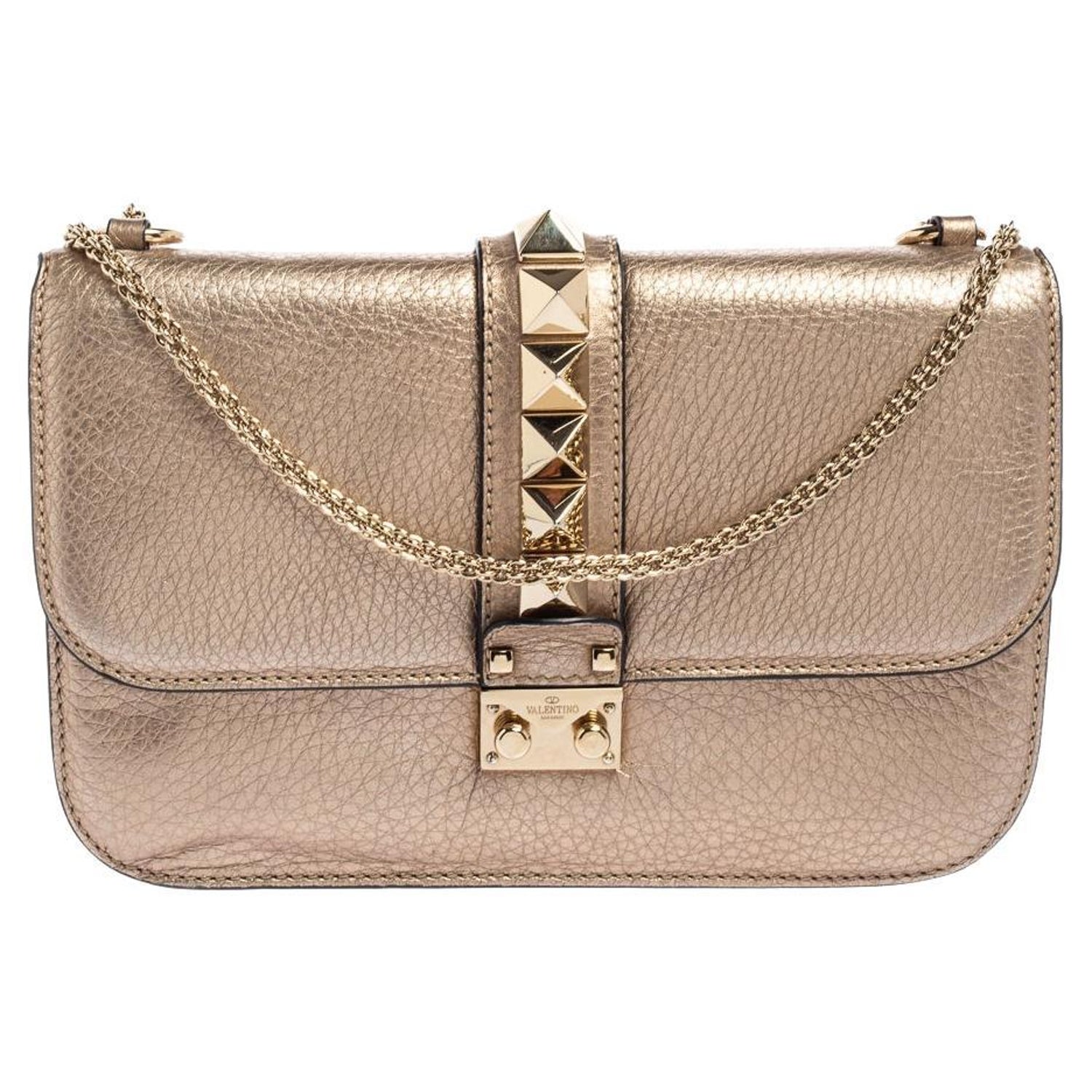 Valentino Metallic Gold Leather Rockstud Medium Glam Lock Flap Bag For Sale  at 1stDibs
