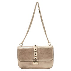 Valentino Metallic Gold Leather Rockstud Medium Glam Lock Flap Bag