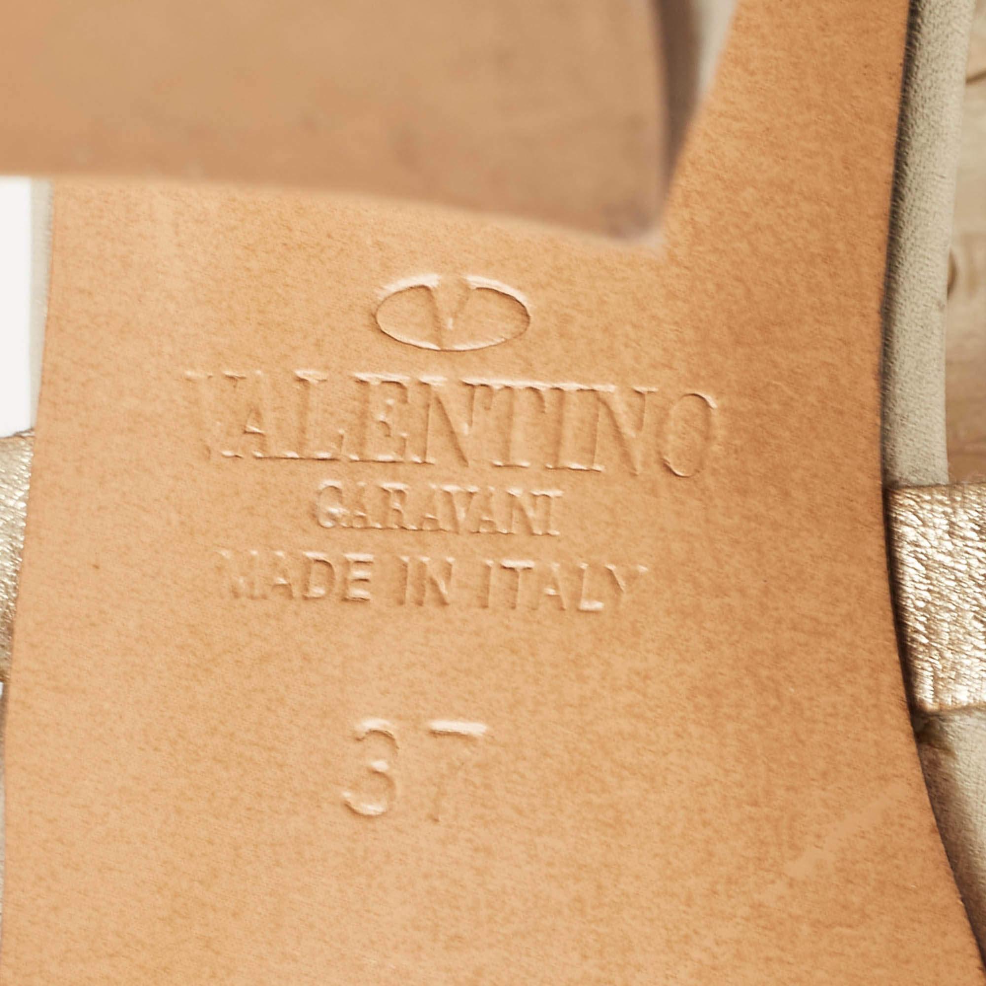 Valentino Metallic Gold Leather Rockstud Strappy Block Heel Sandals Size 37 5