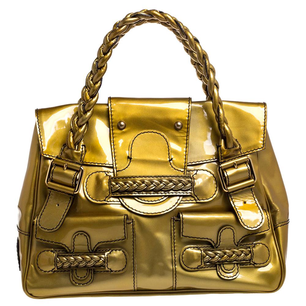 Valentino Metallic Gold Patent Leather Histoire Satchel at 1stDibs