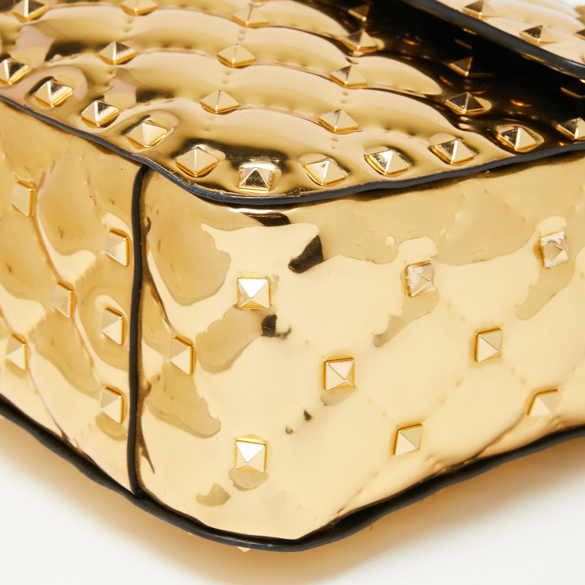 Valentino Metallic Gold Patent Leather Medium Rockstud Spike Top Handle Bag 8