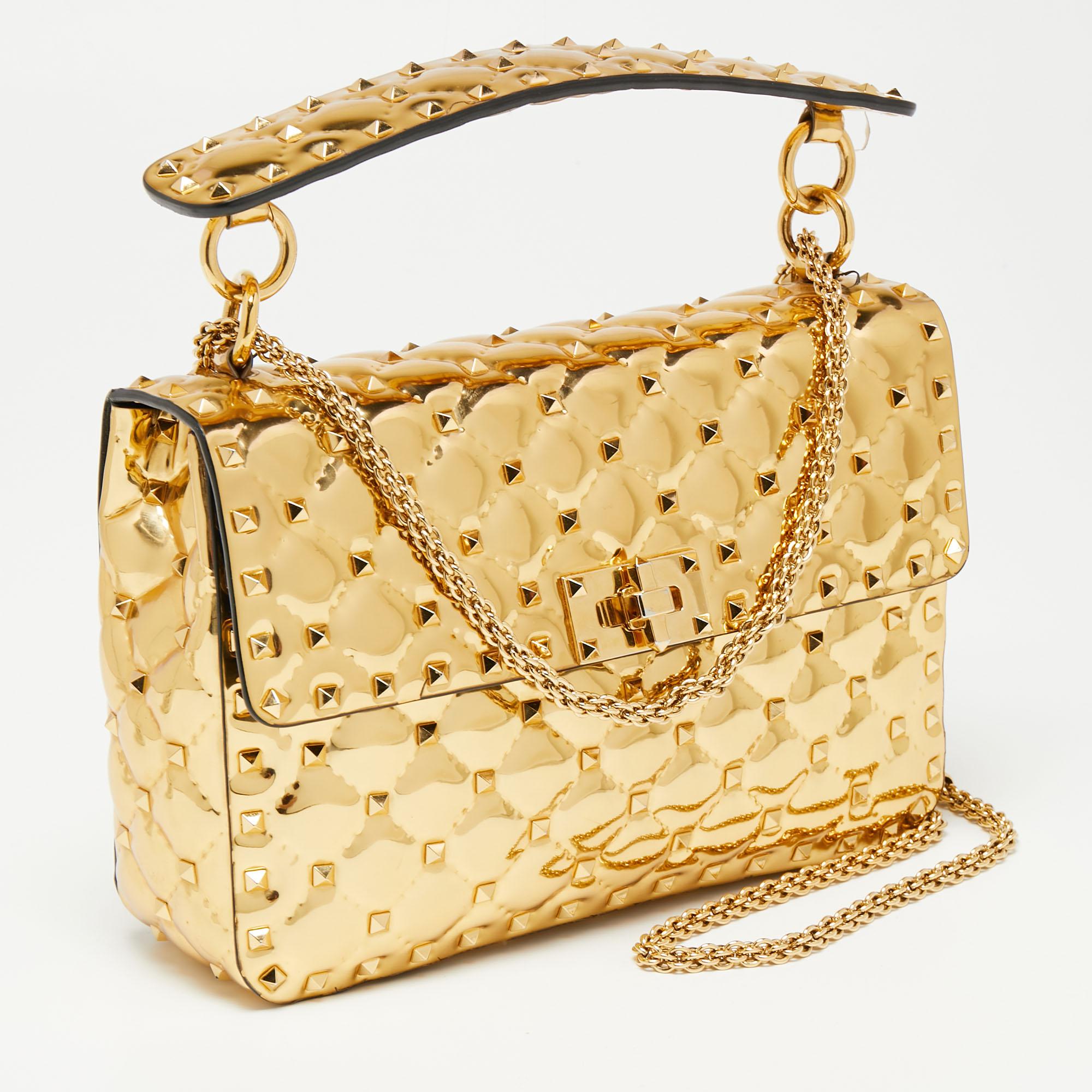 Valentino Metallic Gold Patent Leather Medium Rockstud Spike Top Handle Bag In Good Condition In Dubai, Al Qouz 2