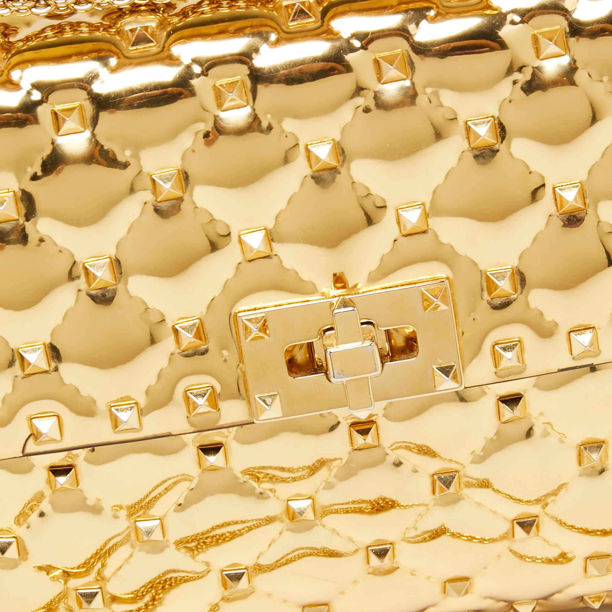 Valentino Metallic Gold Patent Leather Medium Rockstud Spike Top Handle Bag 4