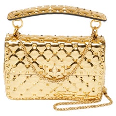 Valentino Metallic Gold Patent Leather Medium Rockstud Spike Top Handle Bag