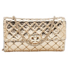 Valentino Metallic Gold Quilted Leather Rockstud Spike Wallet On Chain