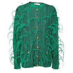 Valentino Metallic Green Feather Embellished Cardigan L