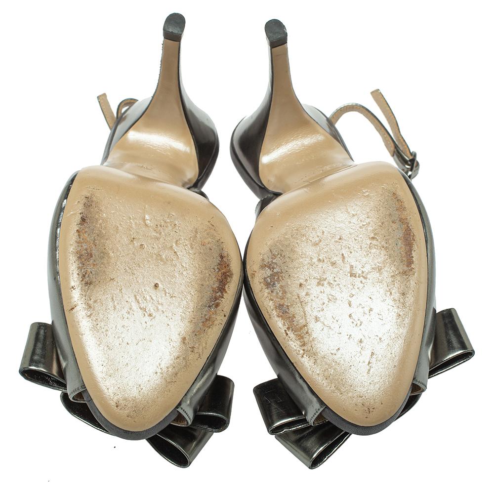 Women's Valentino Metallic Grey Leather Bow Peep Toe Slingback Pumps Size 36