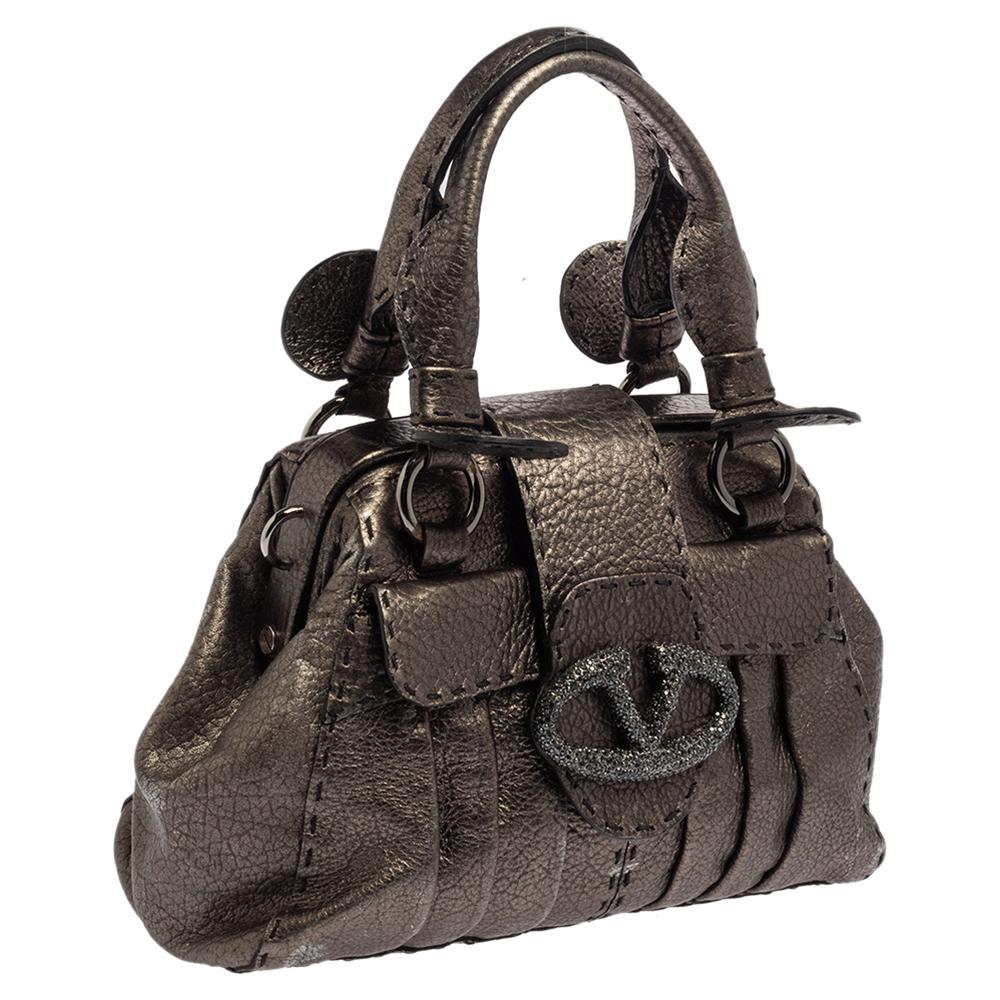 Valentino Metallic Grey Leather Crystal Embellished V Ring Frame Satchel In Good Condition In Dubai, Al Qouz 2