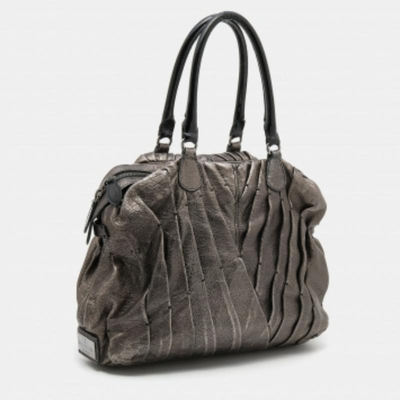 Valentino Fourre-tout Shopper Maison Pintucked en cuir gris métallisé en vente 1