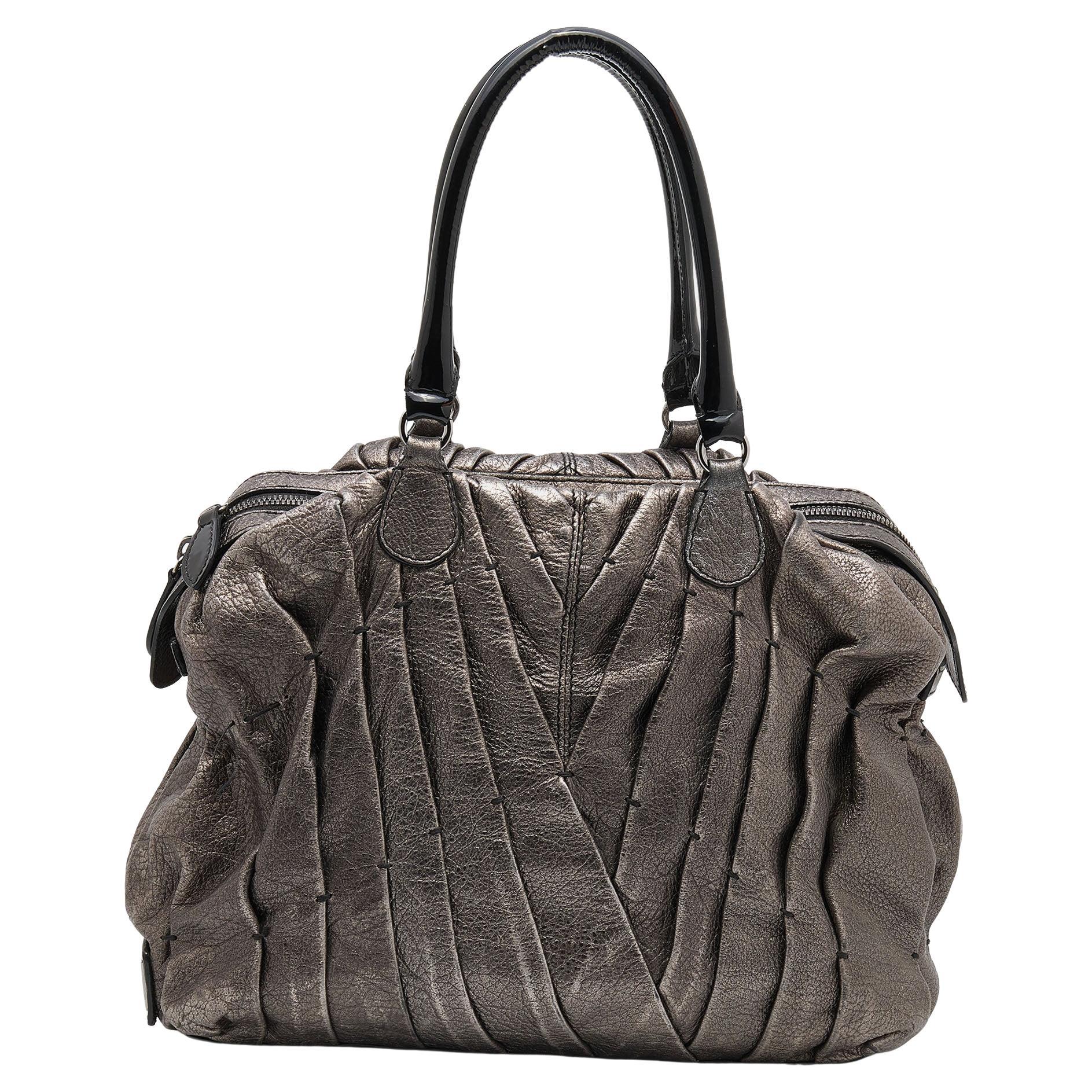Valentino Metallic Grey Leather Maison Pintucked Shopper Tote For Sale