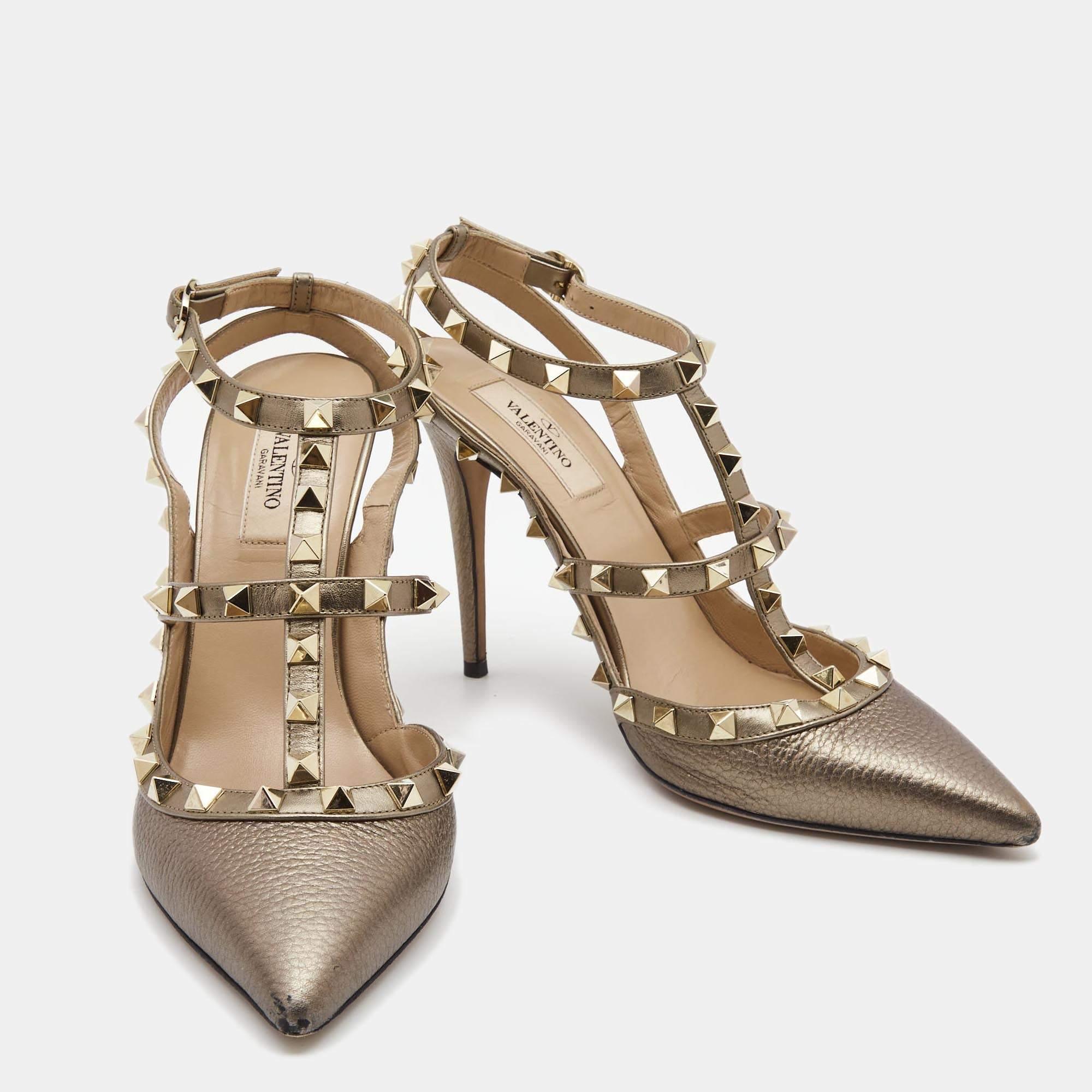 Valentino Metallic Grey Leather Rockstud Ankle Strap Pumps Size 39 1