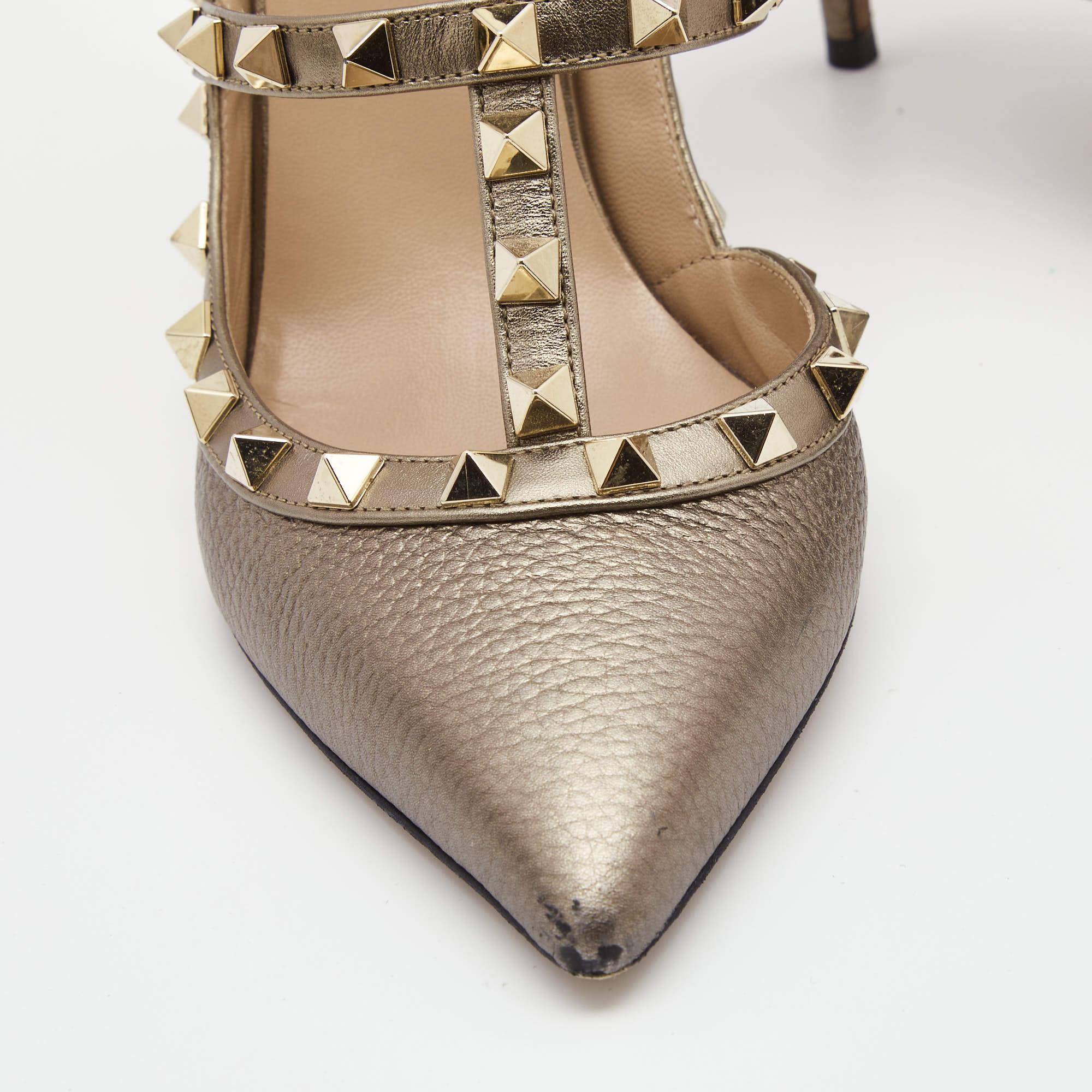 Valentino Metallic Grey Leather Rockstud Ankle Strap Pumps Size 39 2