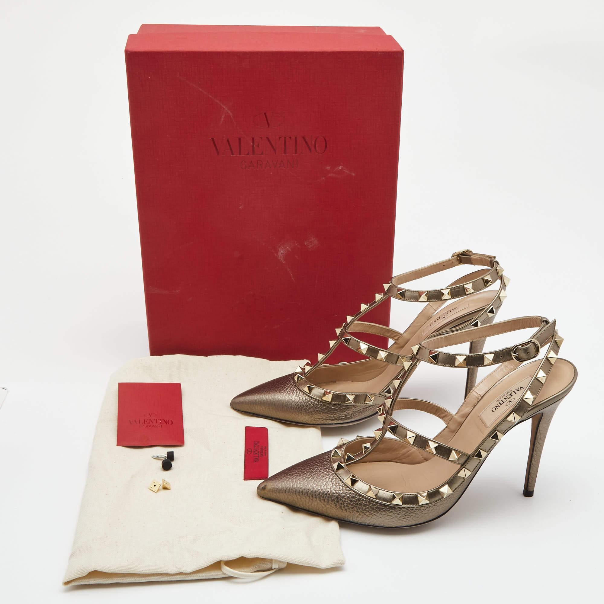 Valentino Metallic Grey Leather Rockstud Ankle Strap Pumps Size 39 3