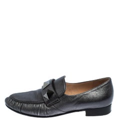 Valentino Metallic Grey Leather Rockstud Loafers Size 36