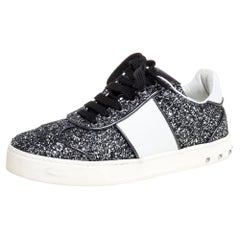 Valentino Metallic Grey/White Glitter And Leather Low Top Sneakers Size 37