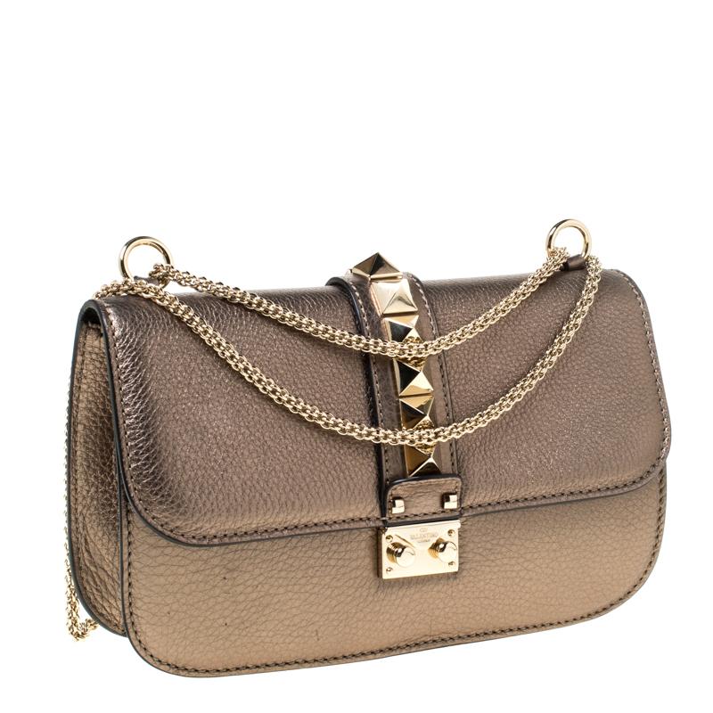 Brown Valentino Metallic Leather Rockstud Medium Glam Lock Flap Bag