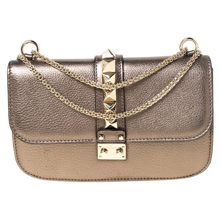 Valentino Metallic Leather Rockstud Medium Glam Lock Flap Bag For Sale | valentino metallic bag