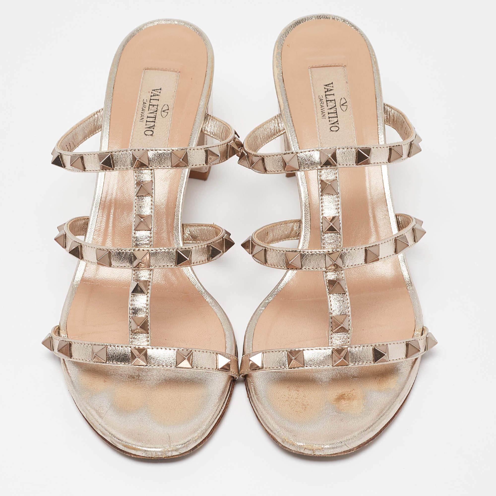 Beige Valentino Metallic Leather Rockstud Slide Sandals Size 39.5