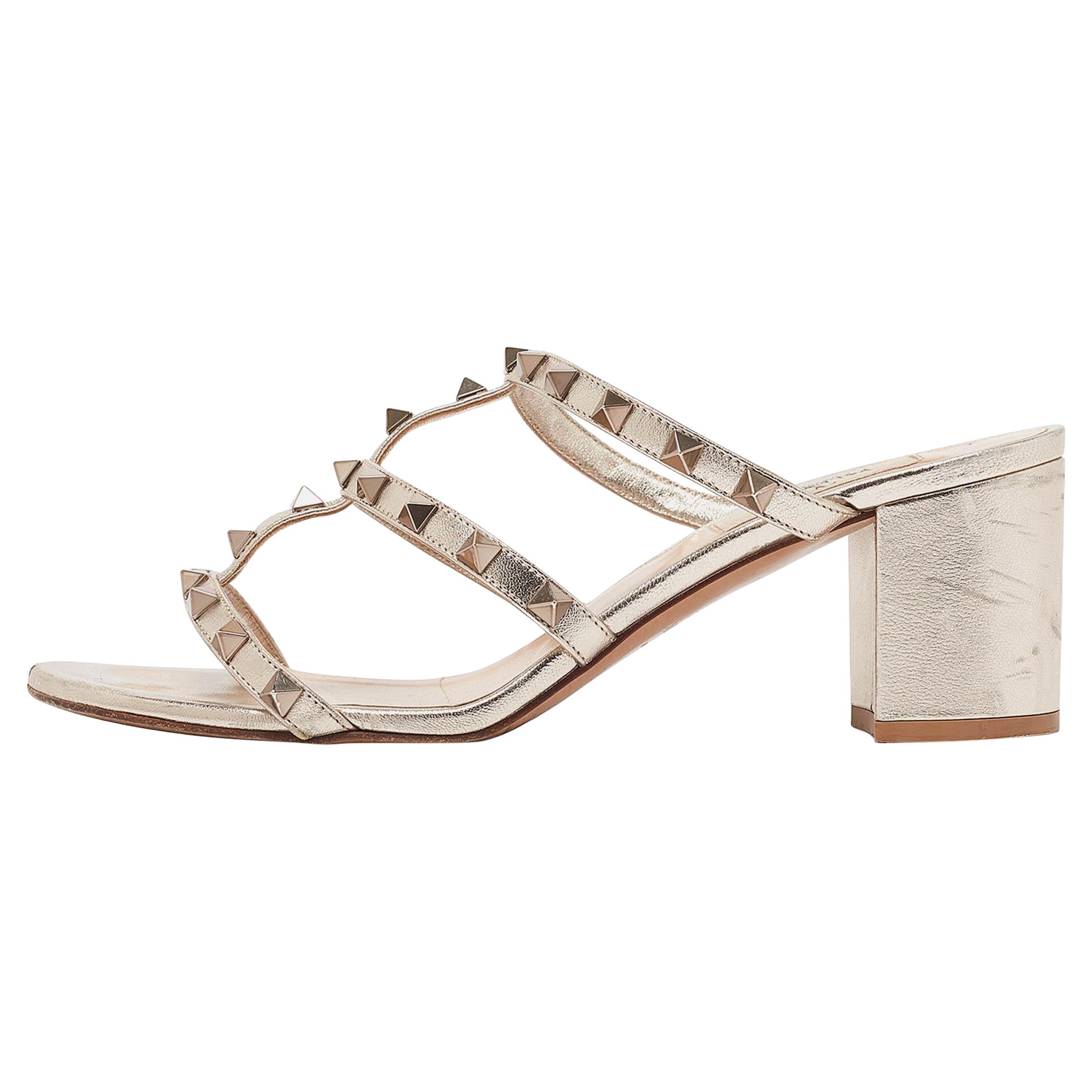 Valentino Metallic Leather Rockstud Slide Sandals Size 39.5