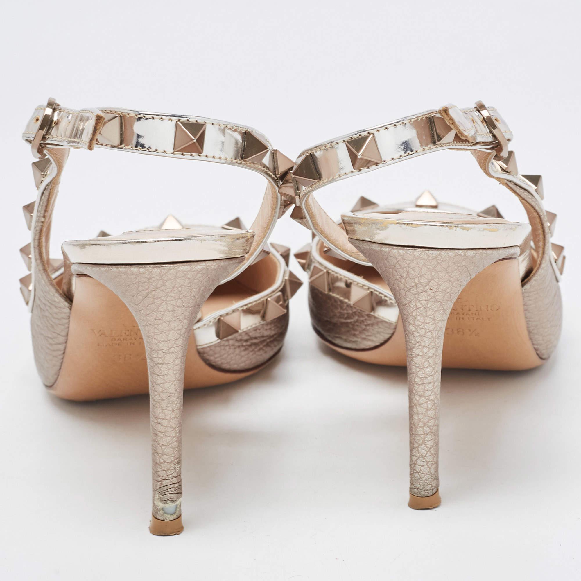 Beige Valentino Metallic Leather Rockstud Slingback D'orsay Pumps Size 36.5