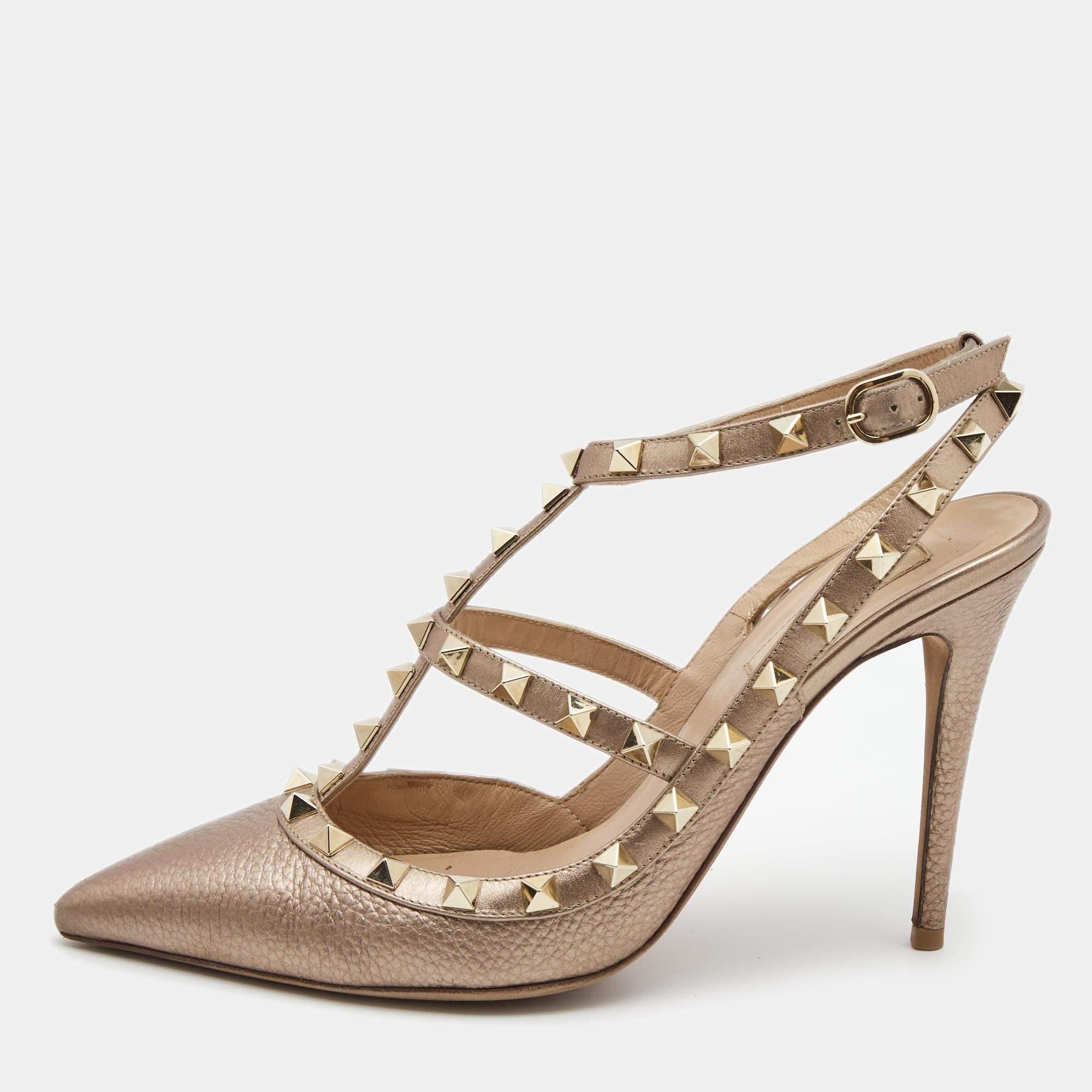 Valentino Metallic Leather Rockstud Strappy Pointed Toe Pumps Size 39 5