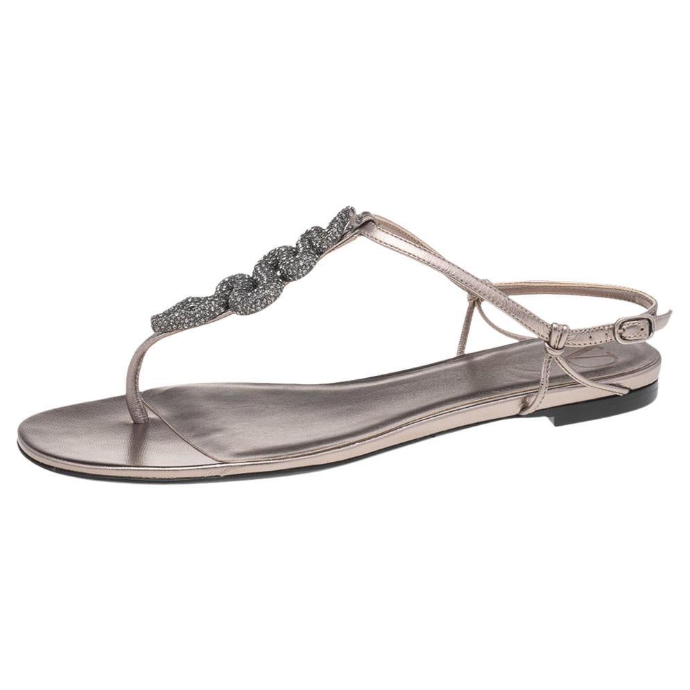 Valentino Metallic Leather Snake Embellished Thong Flat Sandals EU 38