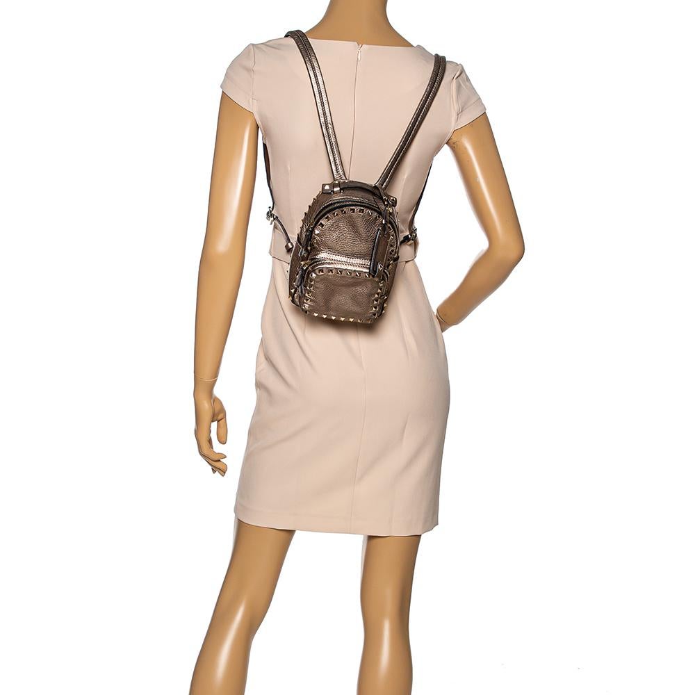 Valentino Metallic Light Brown Leather Mini Rockstud Backpack In Good Condition In Dubai, Al Qouz 2