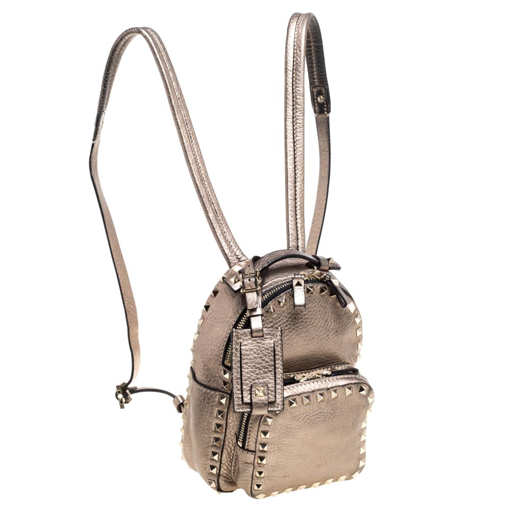 Women's Valentino Metallic Light Brown Leather Mini Rockstud Backpack