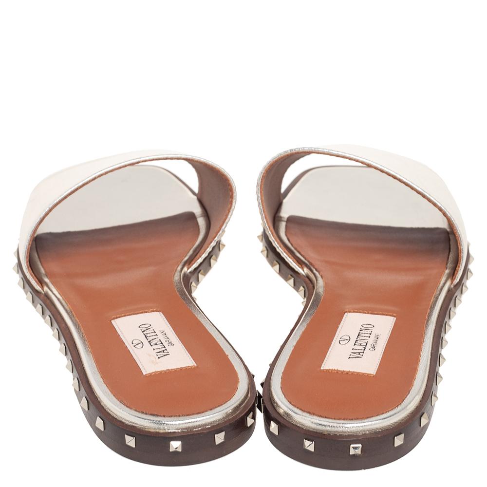Women's Valentino Metallic Light Gold Leather Soul Rockstud Flat Slide Sandals Size 36.5