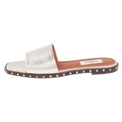 Valentino Metallic Light Gold Leather Soul Rockstud Flat Slide Sandals Size 36.5