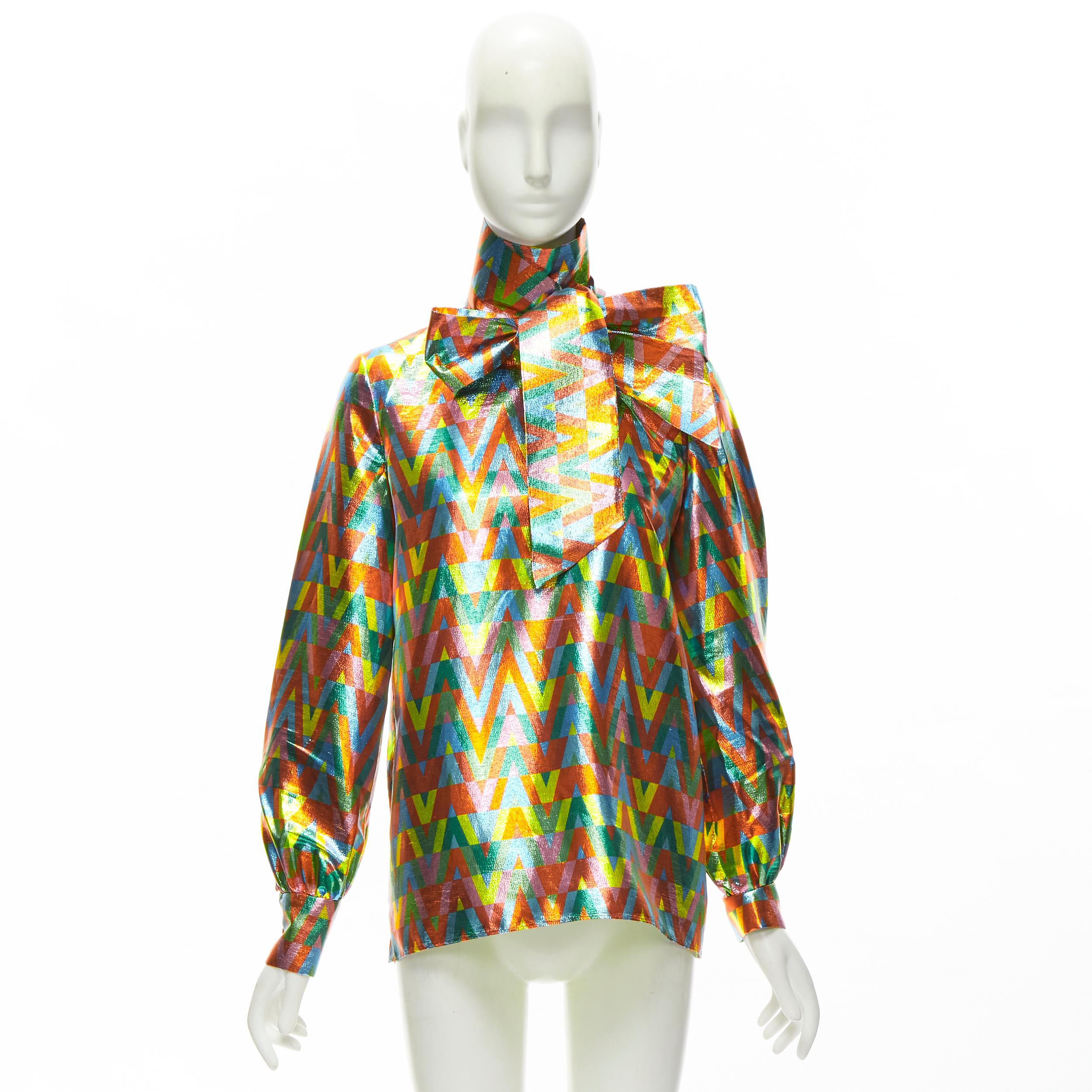VALENTINO metallic lurex graphic V rainbow scar tie collar blouse IT38 XS For Sale 6