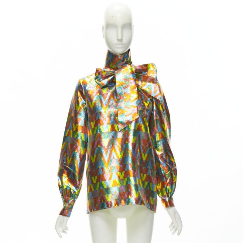 VALENTINO metallic lurex graphic V rainbow scar tie collar blouse IT38 XS For Sale 8