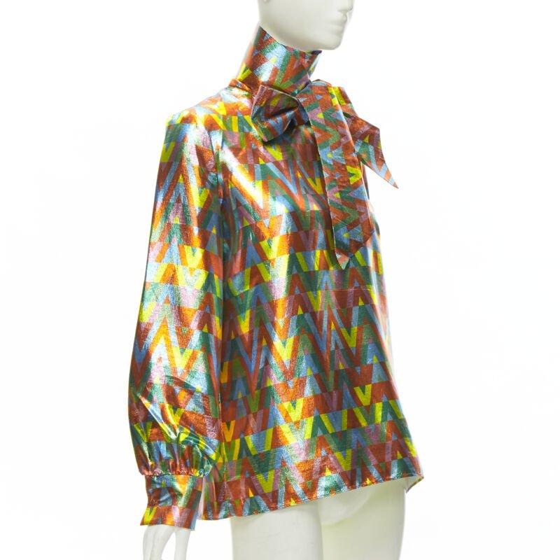 Brown VALENTINO metallic lurex graphic V rainbow scar tie collar blouse IT38 XS For Sale