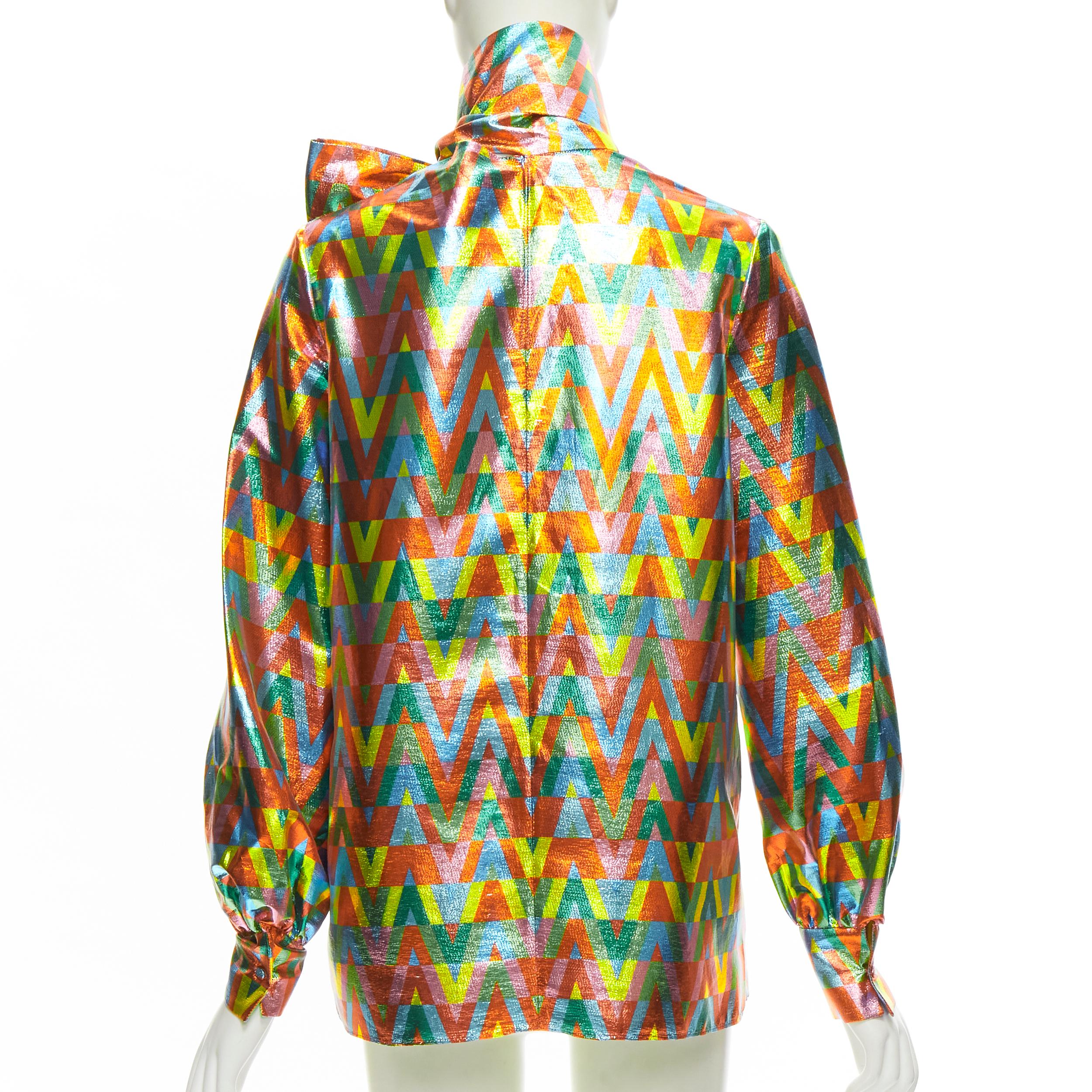 Brown VALENTINO metallic lurex graphic V rainbow scar tie collar blouse IT38 XS For Sale