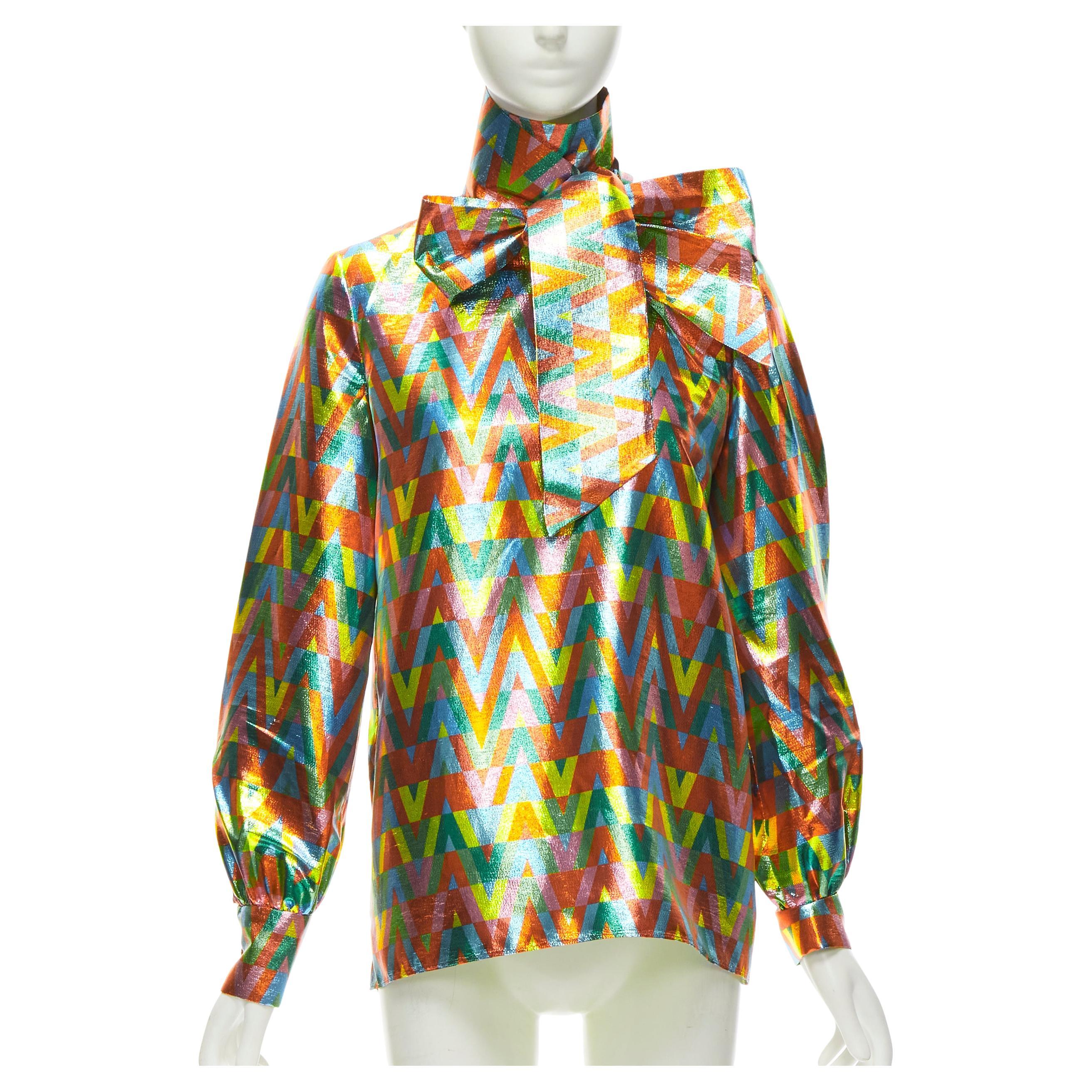 VALENTINO metallic lurex graphic V rainbow scar tie collar blouse IT38 XS For Sale