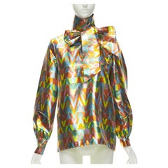 VALENTINO metallic lurex graphic V rainbow scar tie collar blouse IT38 XS