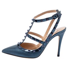 Valentino Metallic Navy Blue Leather Rockstud Ankle-Strap Pumps Size 36