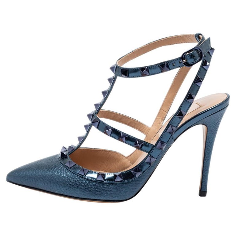 Valentino Metallic Navy Blue Leather Rockstud Ankle-Strap Pumps Size 36 at  1stDibs