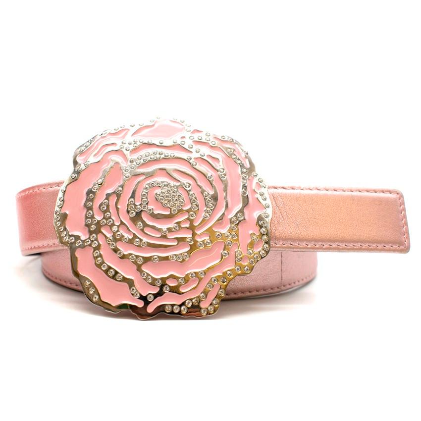 Valentino Metallic Pink Flower Buckle Belt  

- Metallic Pink Leather Belt 
- Pink enamel and Silver toned Buckle embellished with Diamantes 
- Black Leather Lining
- This items comes with an original box. 

Please note, these items are pre-owned