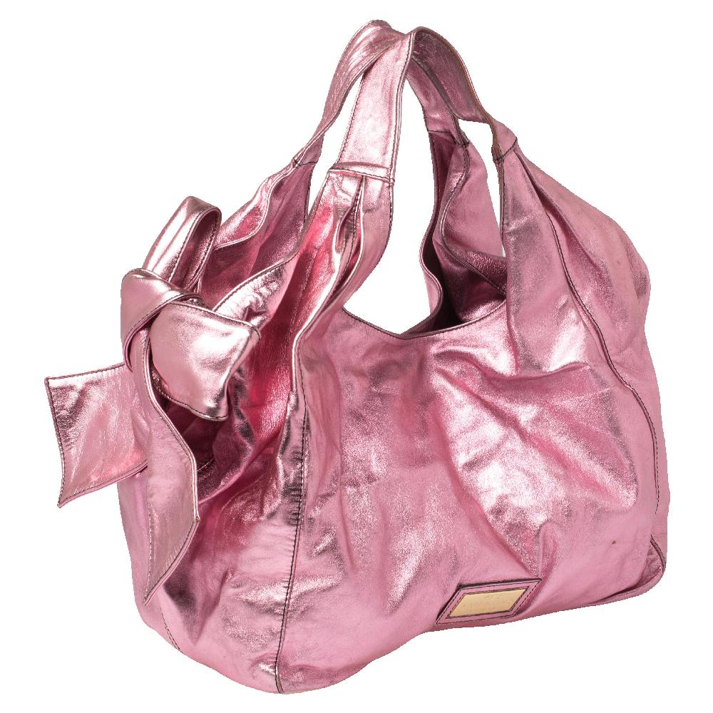 Brown Valentino Metallic Pink Leather Nuage Bow Tote
