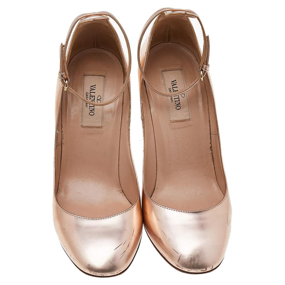 Beige Valentino Metallic Pink Leather Tango Mary Jane Pumps Size 36.5