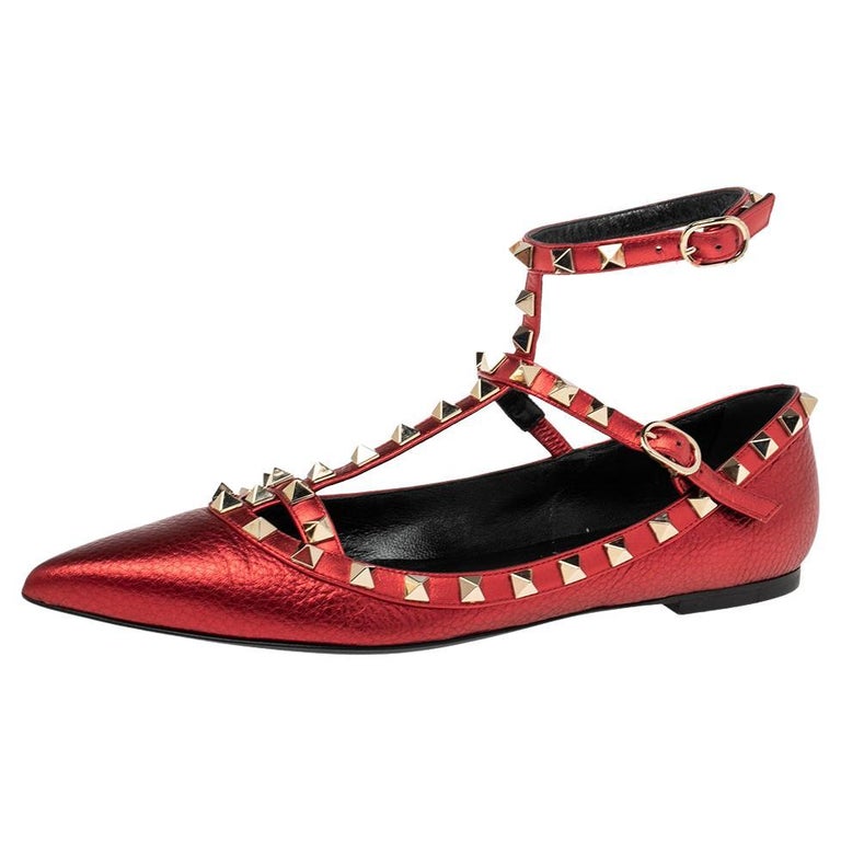 Valentino Metallic Red Leather Rockstud Ankle Strap Ballet Flats Size 37.5  at 1stDibs